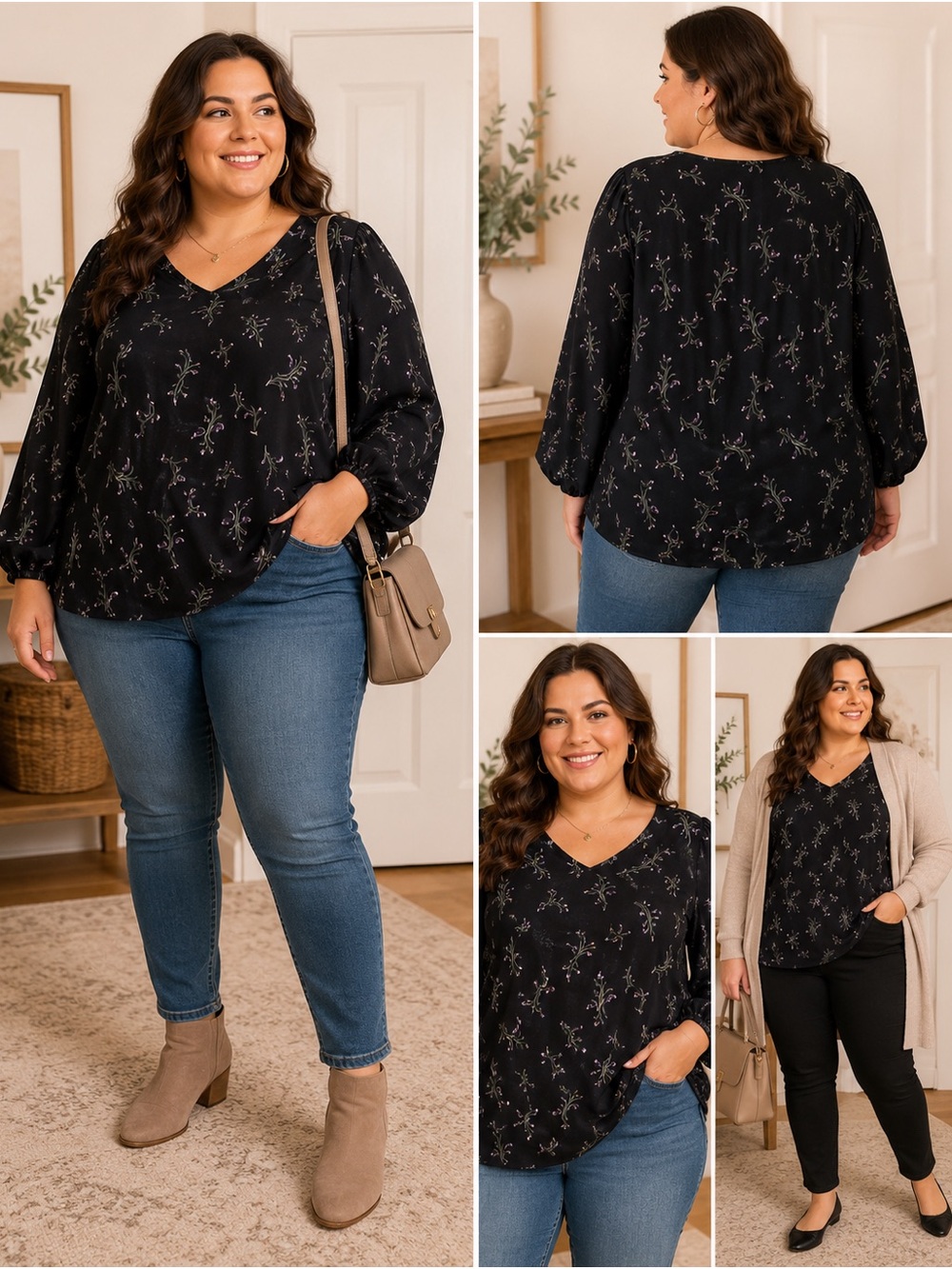 CJ Banks V-Neck Navy Floral Long-Sleeve Top